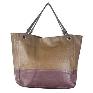 Handmade Leather Tote Bag – Brown & Plum Colorblock Shoulder Purse Boho Chic